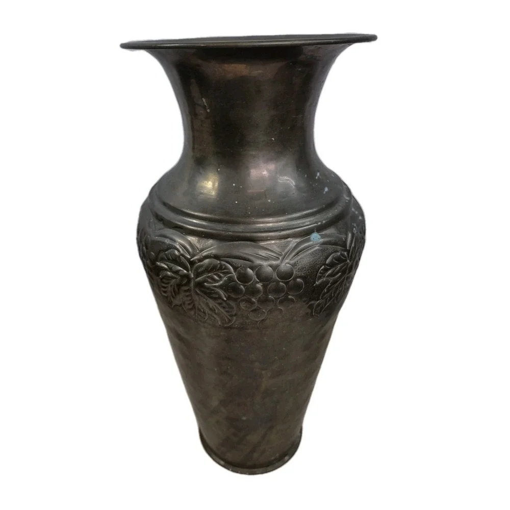 Vintage Distressed Tall Brass Embossed Urn Vase Vessel India 14.5
